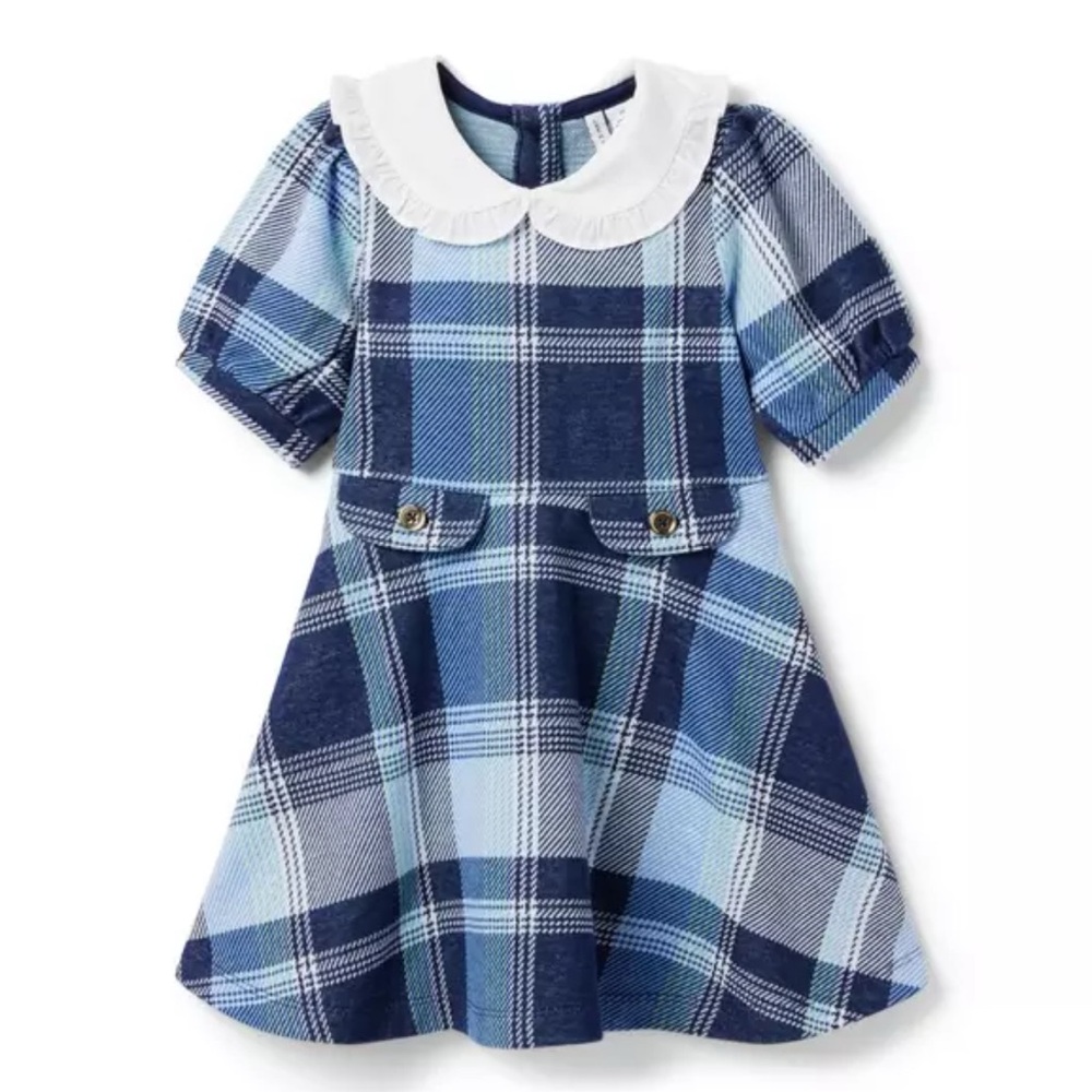 Blue Plaid Kids Dress with White Collar